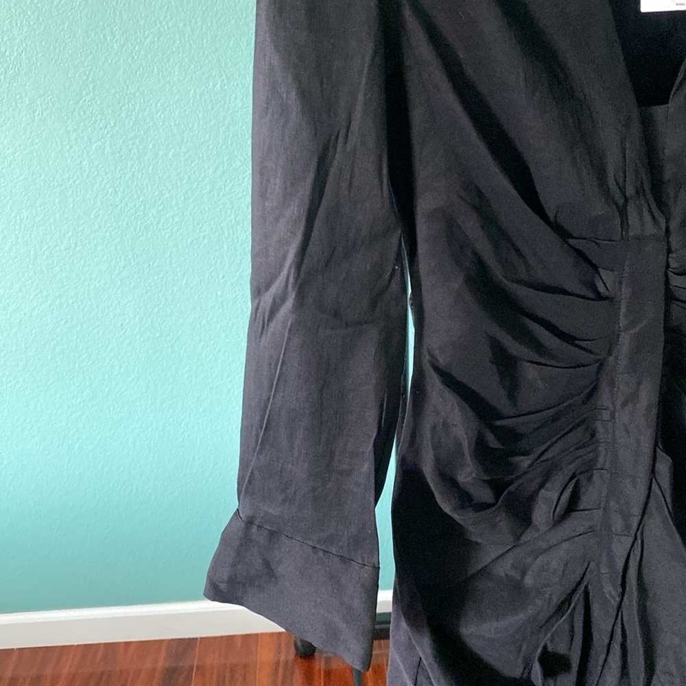 ZARA Womens Sz-S Black Ruched Drape Linen Blend Long Sleeve Collared Dress(C-24) - Picture 6 of 8